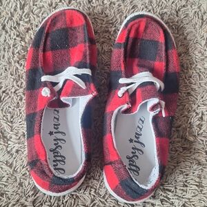 Gypsy Jazz Red and Black Buffalo Plaid Slip-On Kids Shoes